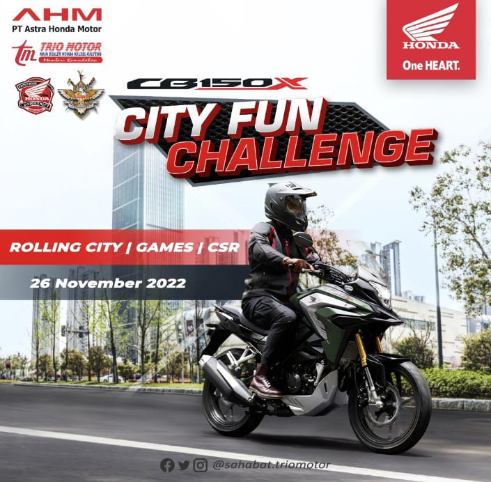 Komunitas CB 150X akan mengadakan City Fun Challenge dari Banjmasin ke Banjarbaru, dalam kegiatan ini tujua nya adalah menjalin silaturahmi antar anggota Cb 150X Banjarmasin dan Banjarbaru, kemudian mengadakan Games serat baksos semoga acara ini bisa berjalan lancar dan sukses,